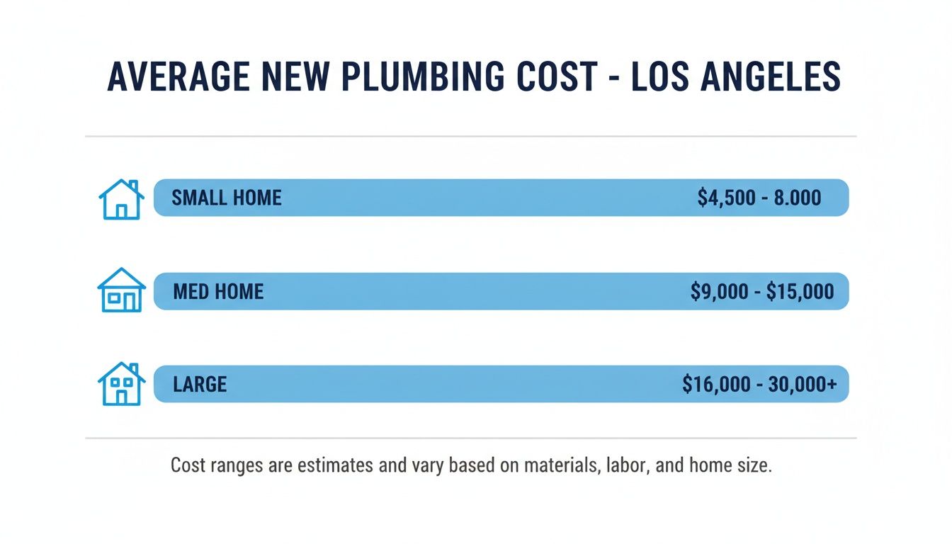 Average new plumbing cost estimates for small, medium, and large homes in Los Angeles, with price ranges displayed.