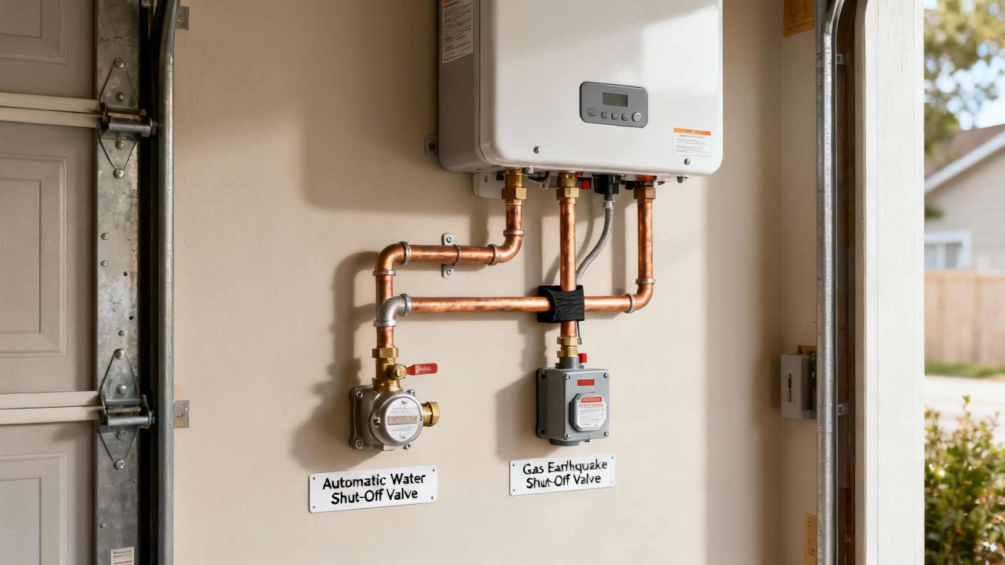 A modern tankless water heater installed in a garage with copper pipes and automatic water and gas earthquake shut-off valves.