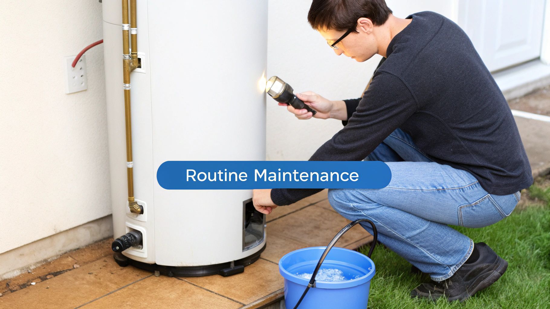 A person performs routine maintenance on an outdoor water heater, inspecting it with a flashlight and a bucket.