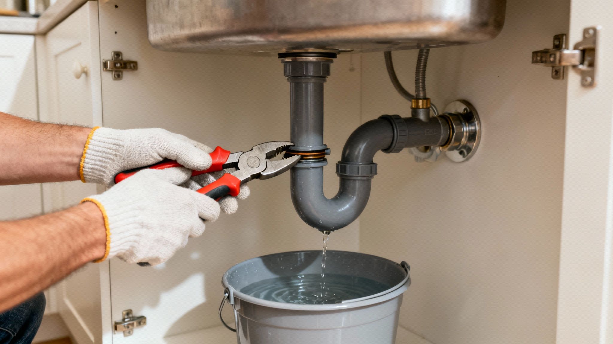 Plumber fixing a leaky kitchen sink drain pipe with pliers, water dripping into a bucket.