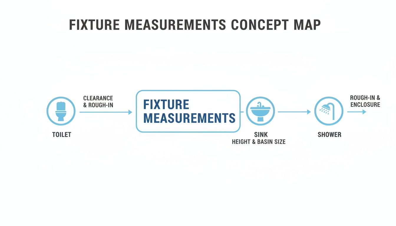 Concept map illustrating fixture measurements for toilet, sink, and shower, including rough-in details.