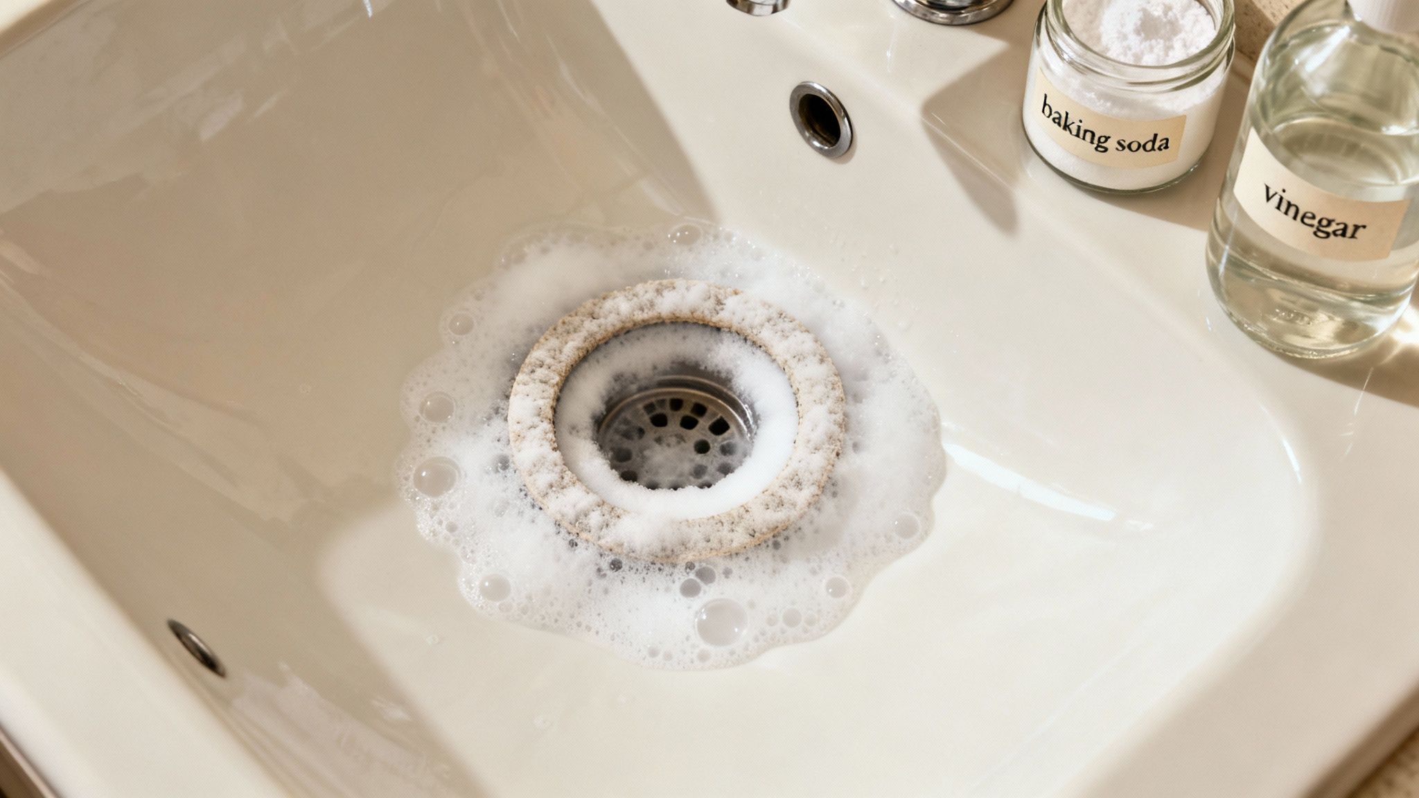Foamy baking soda and vinegar mixture cleaning a dirty sink drain naturally.