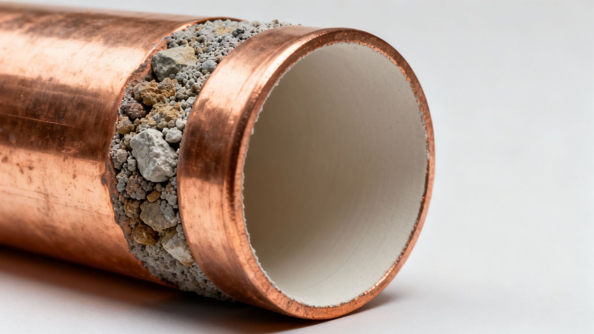 Close-up of a cut copper pipe revealing a concrete-like filling and a white interior lining.