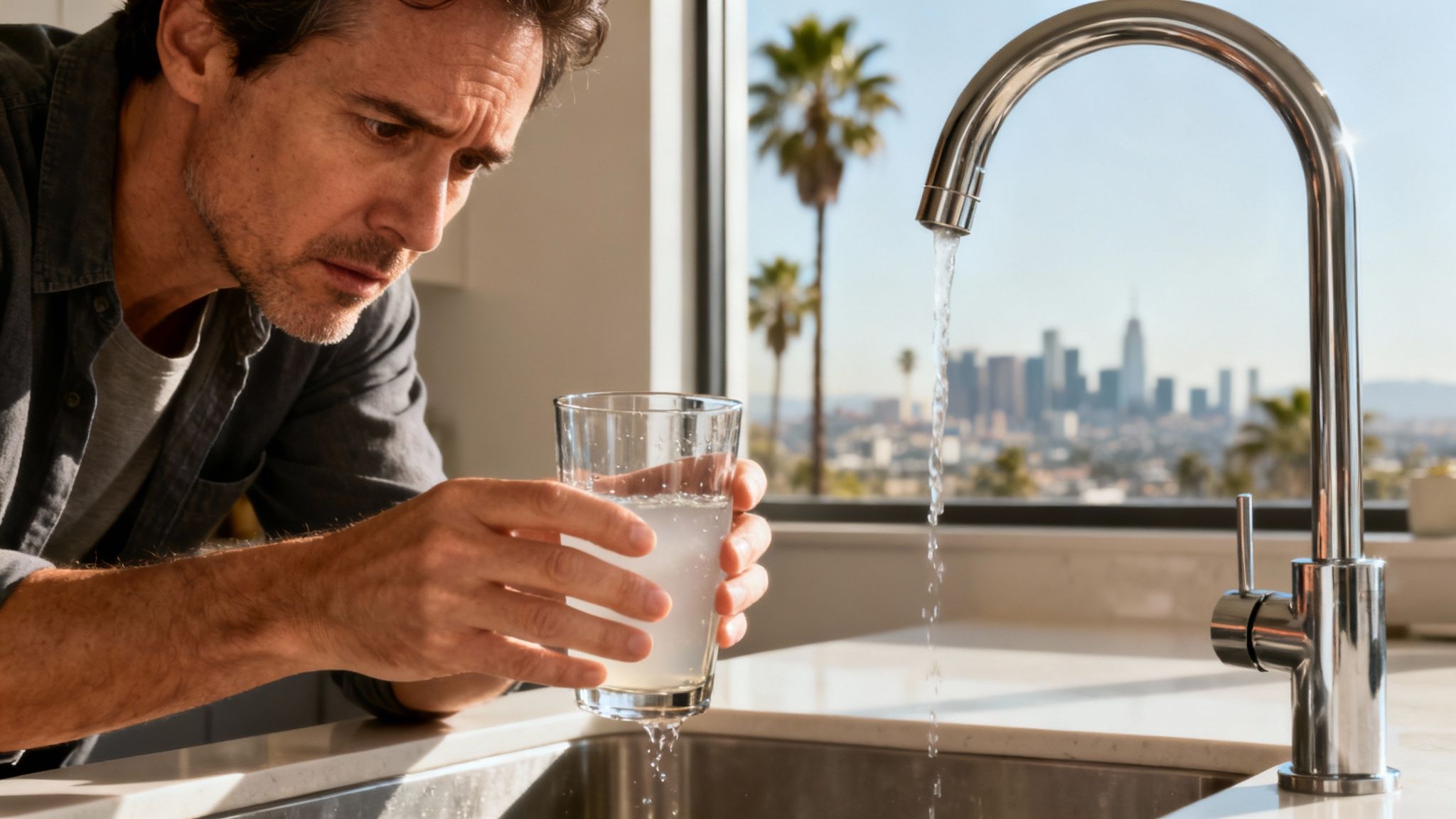Man looks concerned at a glass of cloudy tap water from a kitchen faucet.