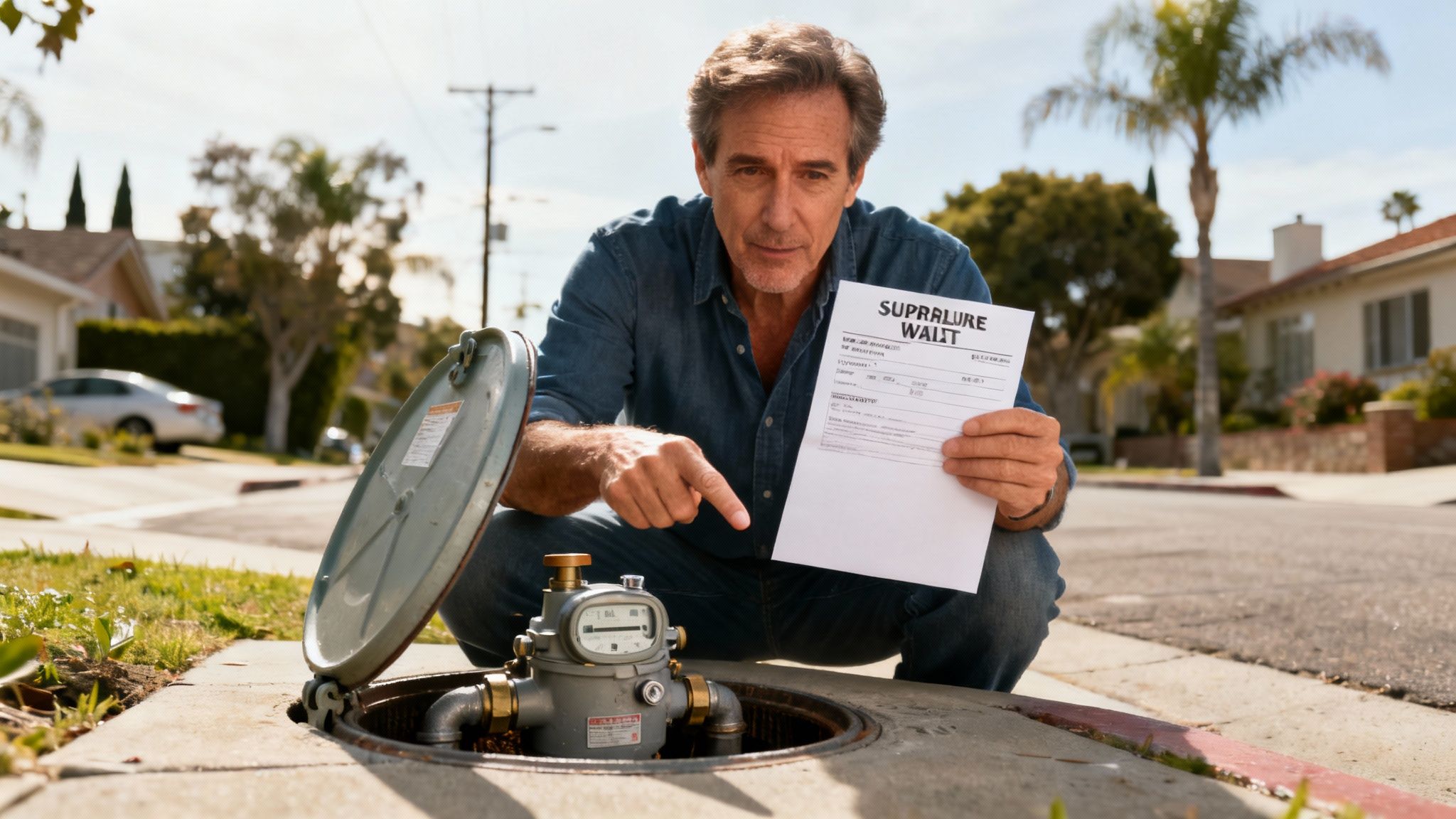 A concerned man crouches by an open water meter, holding a bill and pointing at the meter.
