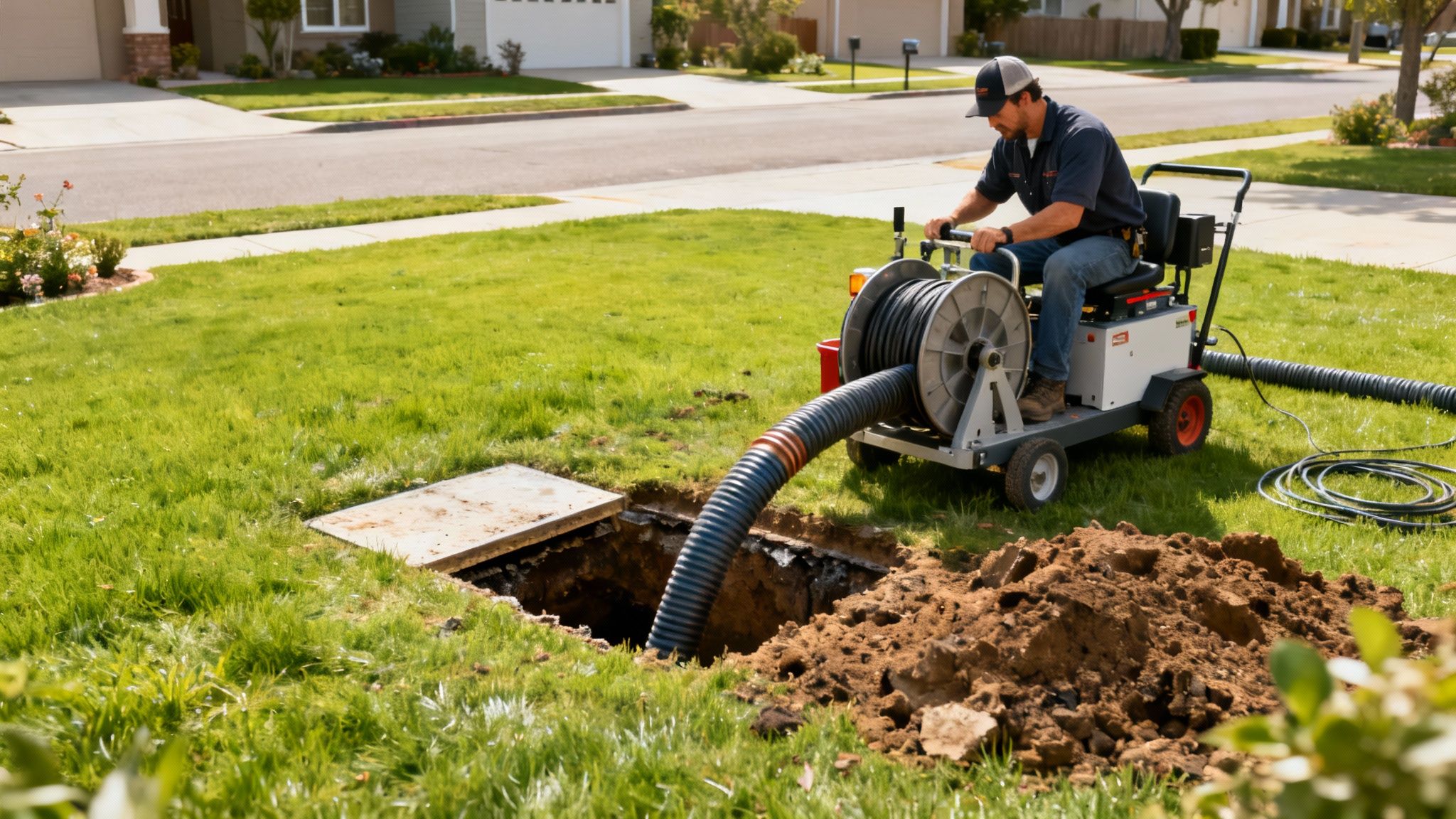 A worker is operating a sewer cleaning machine, with a hose extending into a trench in a grassy yard.
