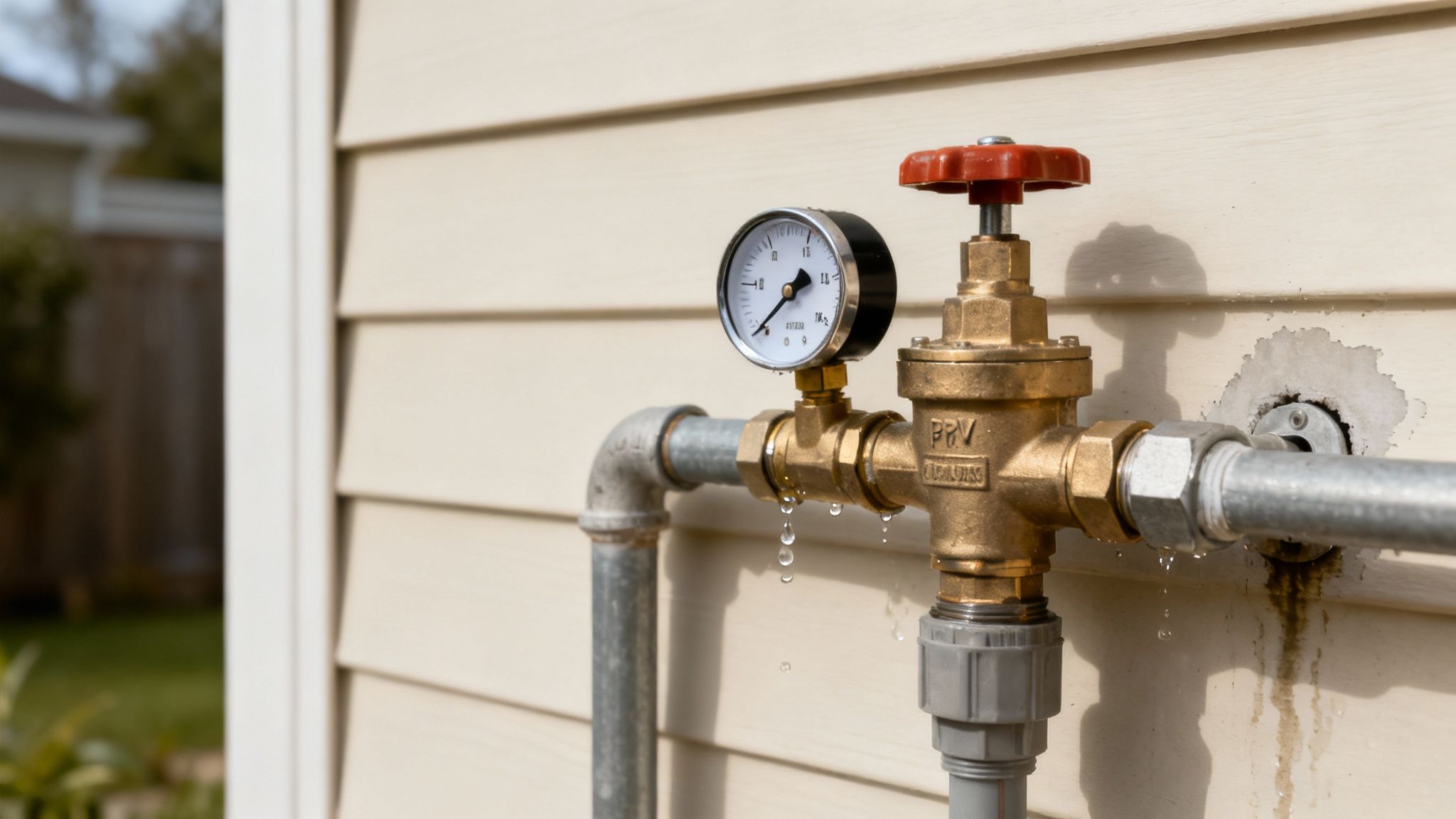 Water is actively dripping from a brass water pressure regulator and gauge on a house's siding.