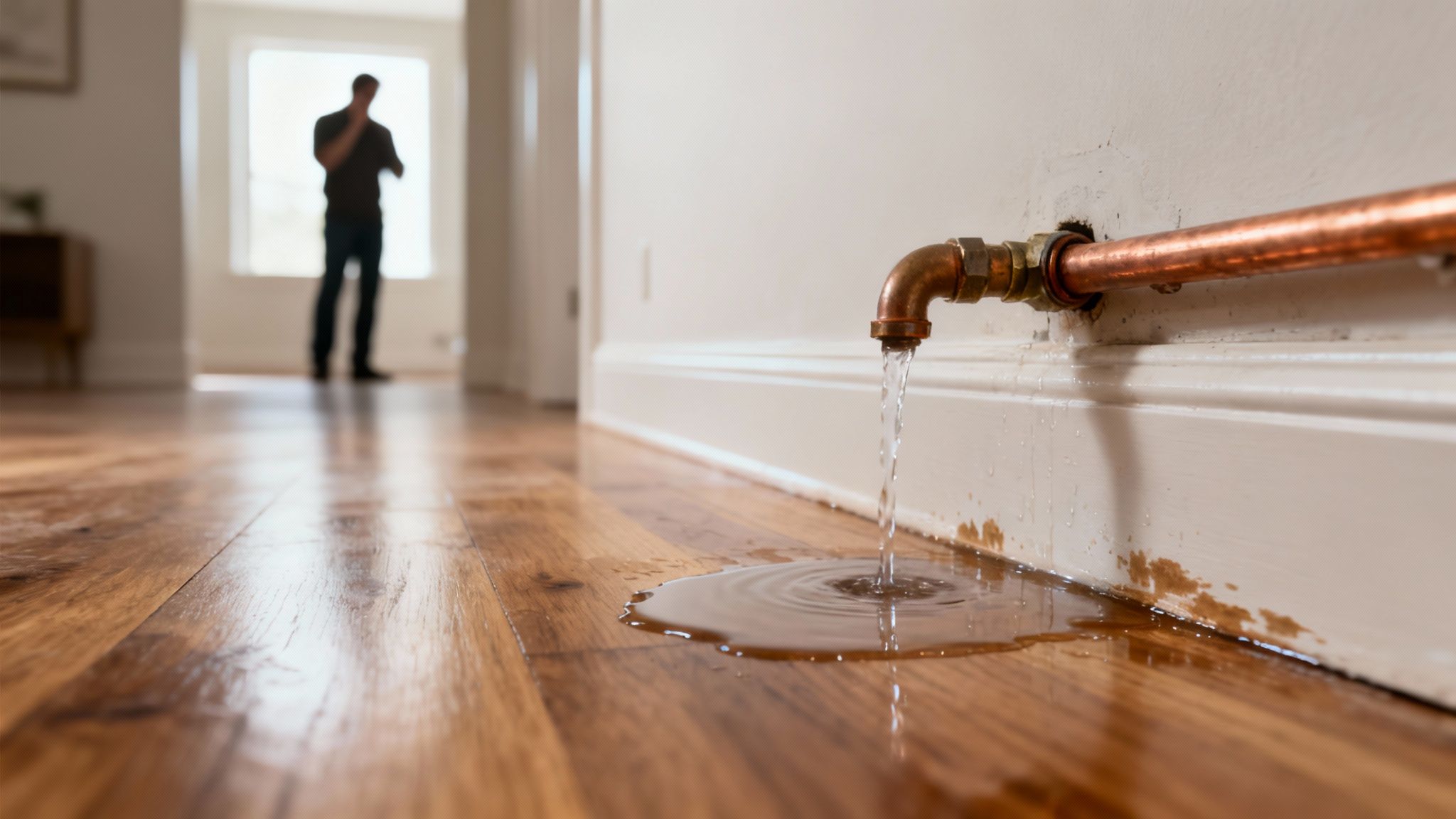 Water pouring from a copper pipe onto a wooden floor, with a person standing in the background.