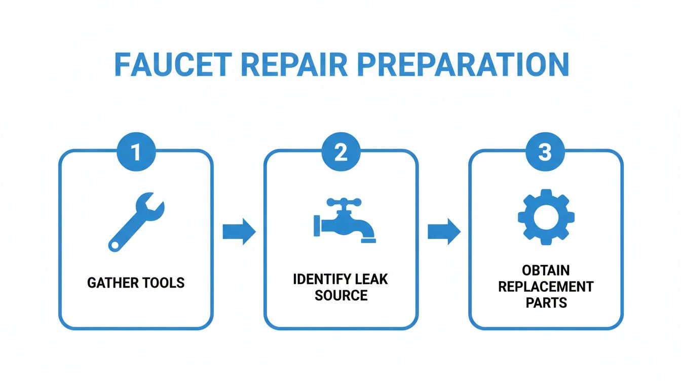 A three-step infographic illustrating faucet repair preparation, including gathering tools, identifying the leak source, and obtaining replacement parts.
