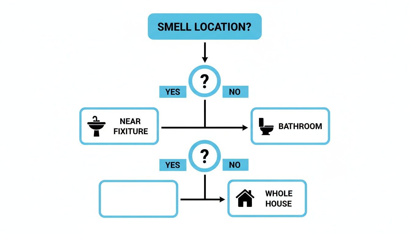 A flowchart diagram titled 'Smell Location?' with decision points leading to 'Near Fixture', 'Bathroom', and 'Whole House'.