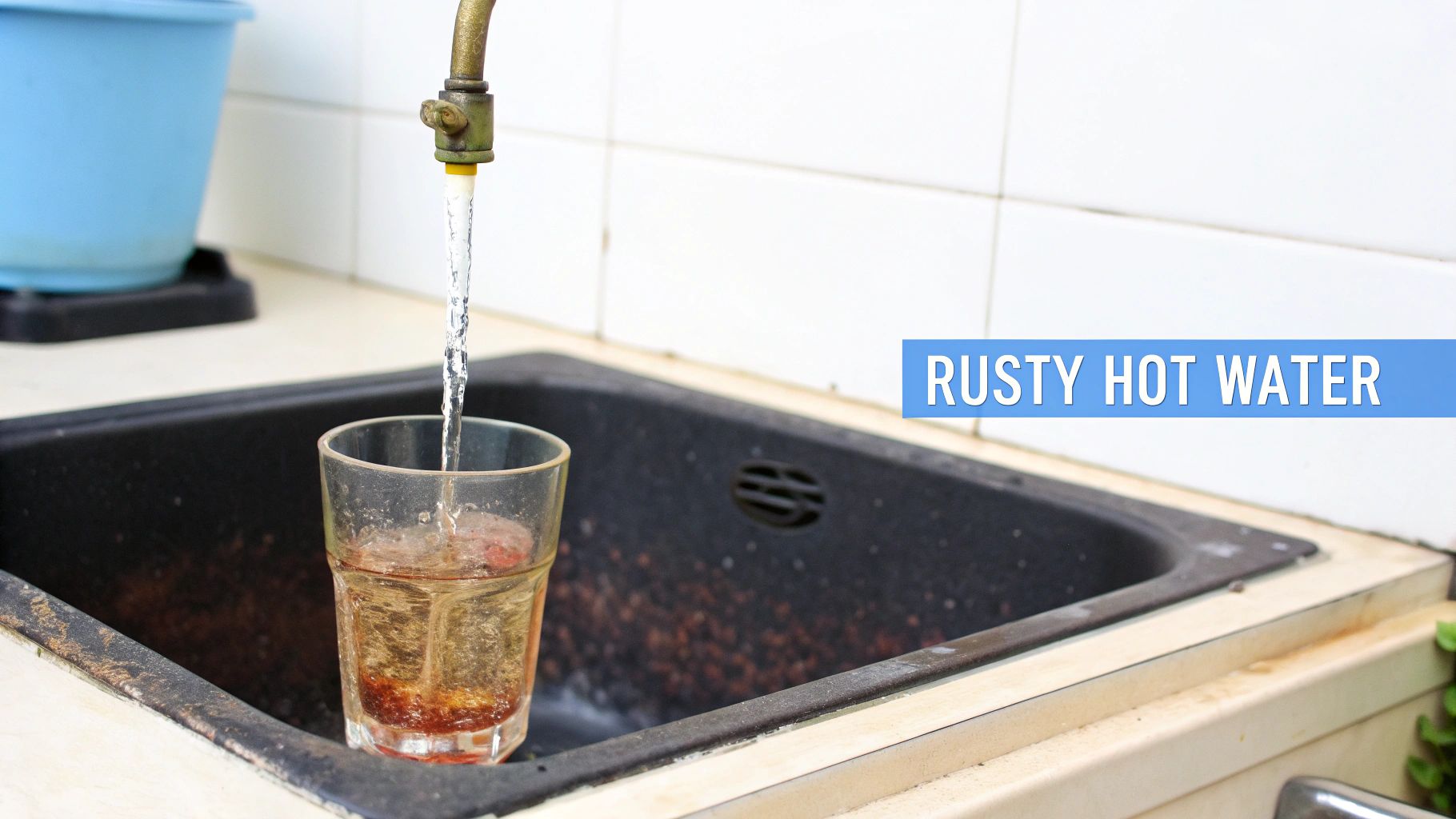 Rusty brown water pouring from an old faucet into a glass in a dirty kitchen sink.