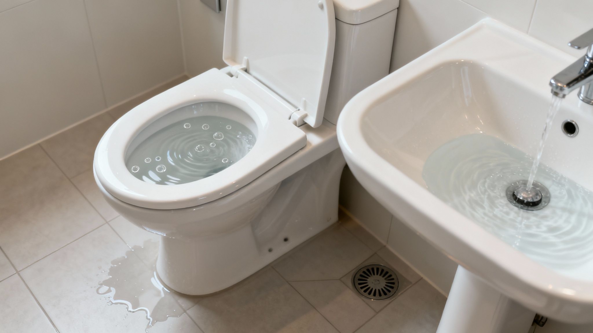 An overflowing toilet and a running sink causing water to flood a modern bathroom floor.