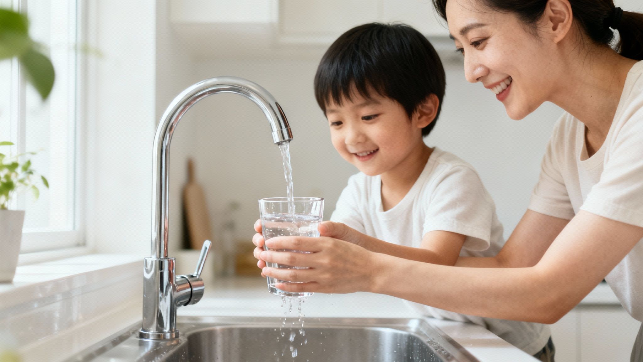 A smiling Asian mother and child fill a glass with clean water from a kitchen tap.