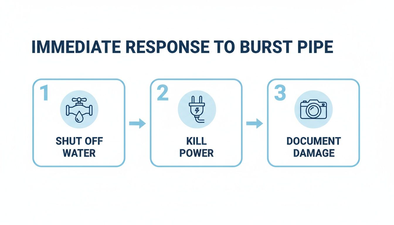 Infographic outlining three immediate steps for responding to a burst pipe: shut off water, kill power, document damage.