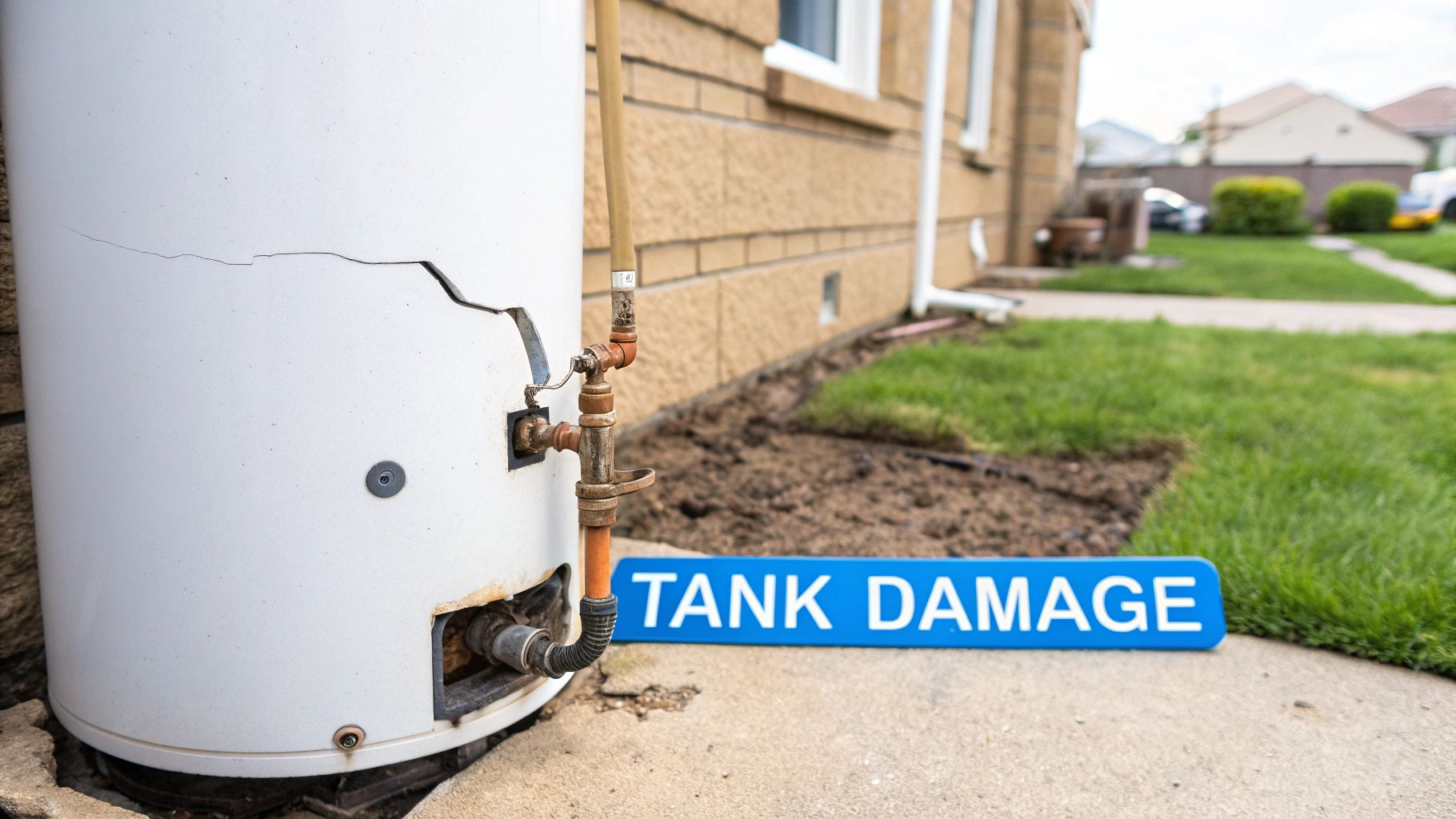 An old, damaged white water heater with a large crack and visible rust next to a "TANK DAMAGE" sign.