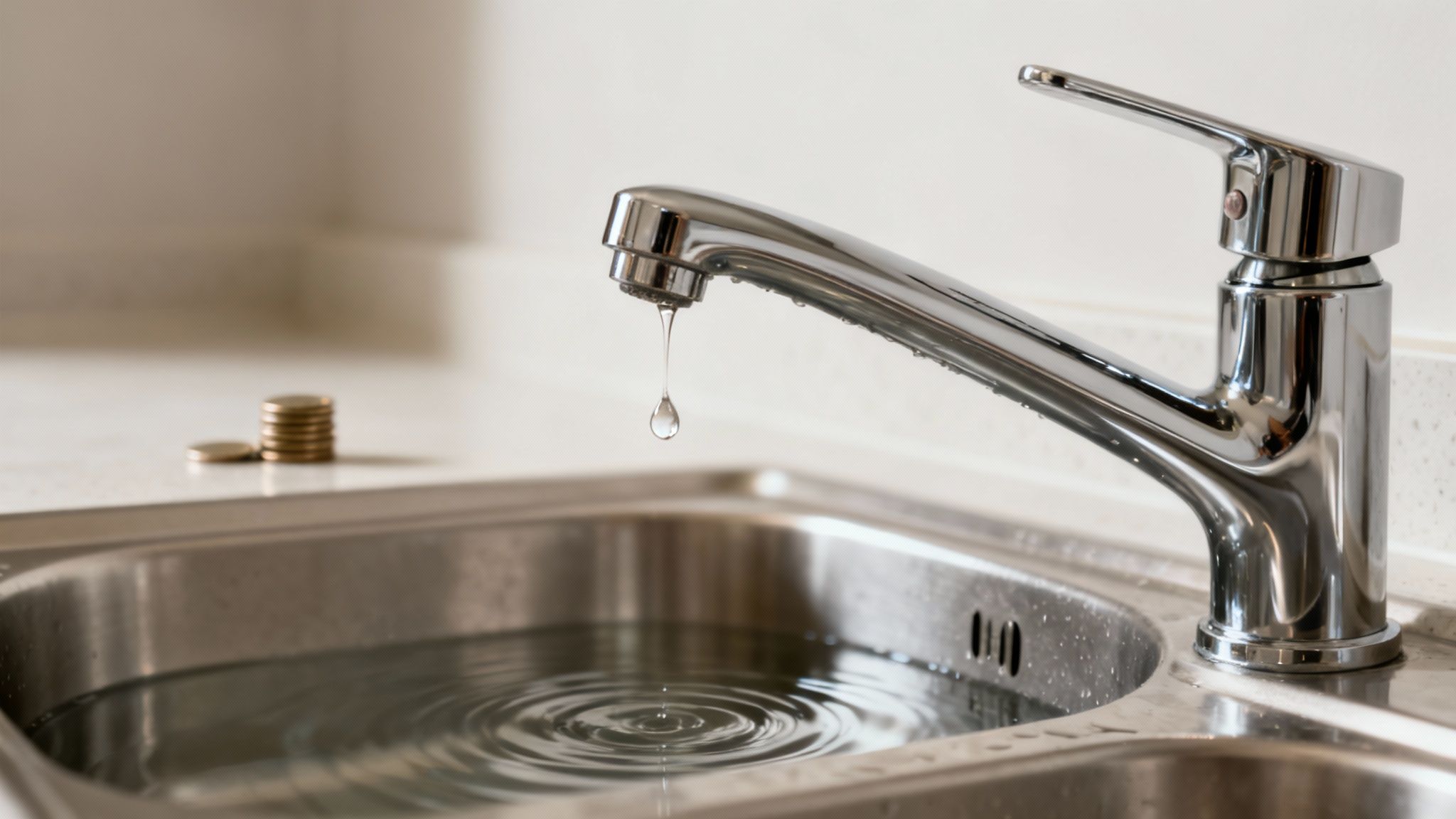 A single water drop falls from a chrome faucet into a sink full of water, next to coins.