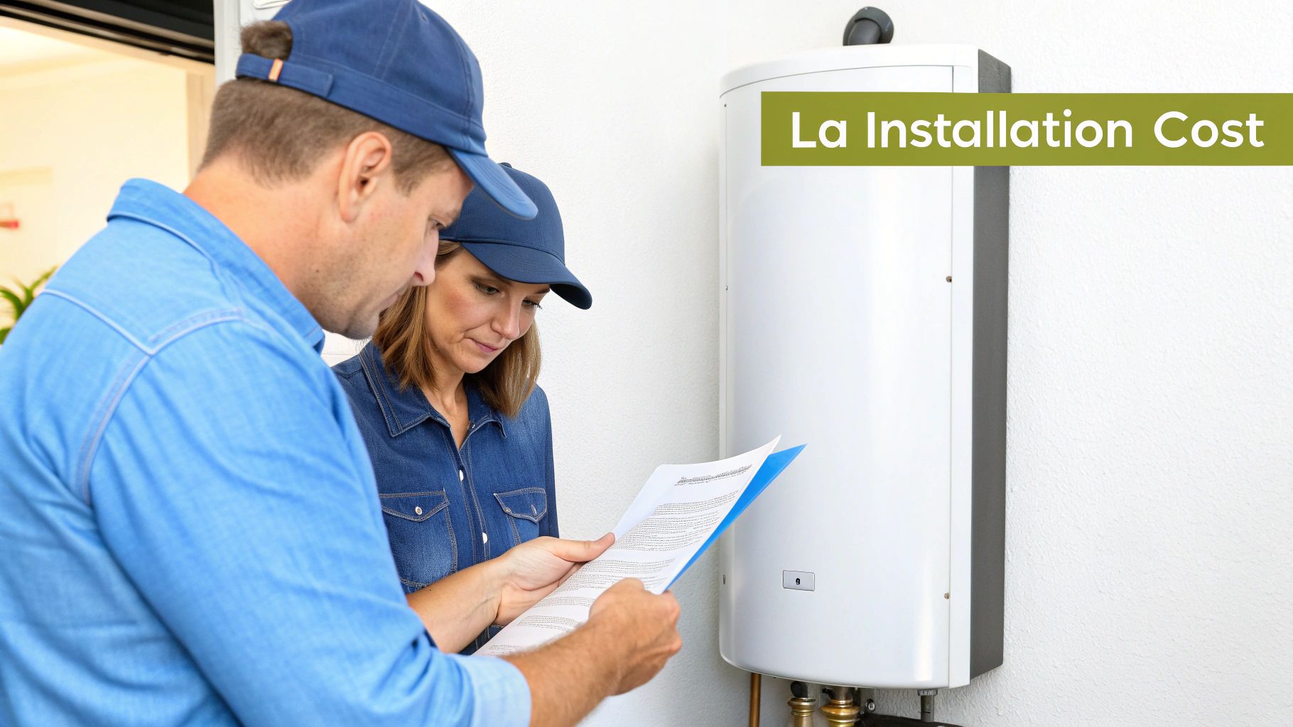 Two people, possibly a homeowner and a technician, reviewing paperwork next to a tankless water heater.