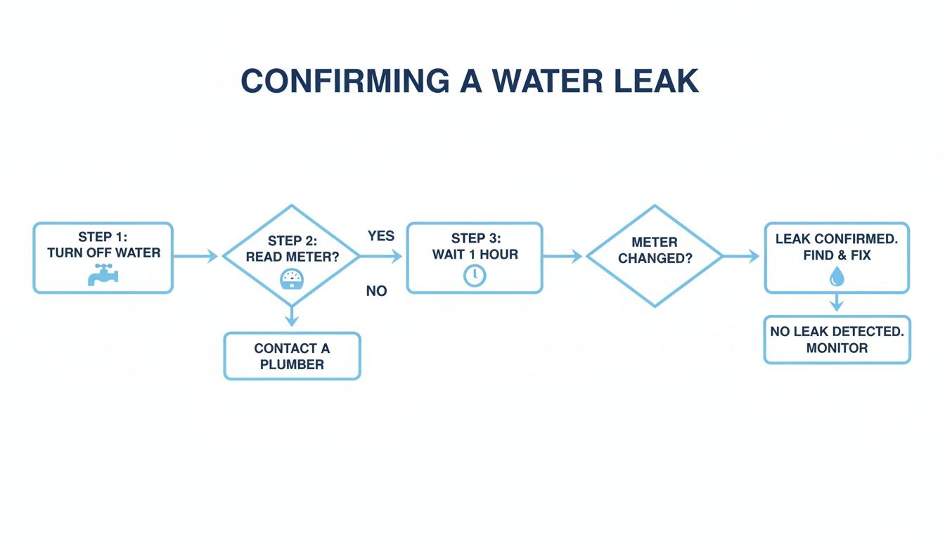 A flowchart detailing the process for confirming a water leak, including steps like turning off water, reading the meter, waiting, and deciding on further actions.