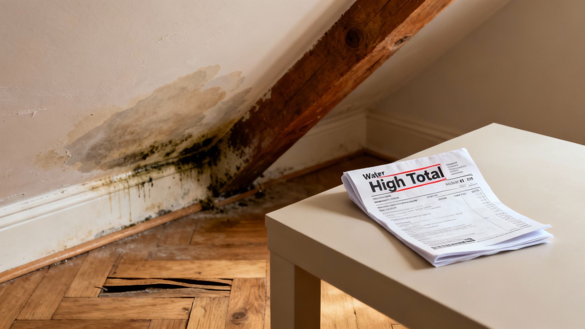 Mold and water damage on a wall, with a damaged wooden floor and a high water bill.