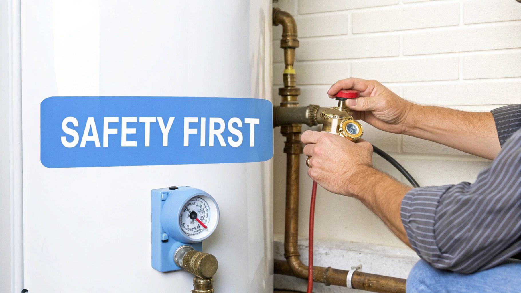 A person's hands adjust a brass valve on a water heater with a 'SAFETY FIRST' sign, performing maintenance.