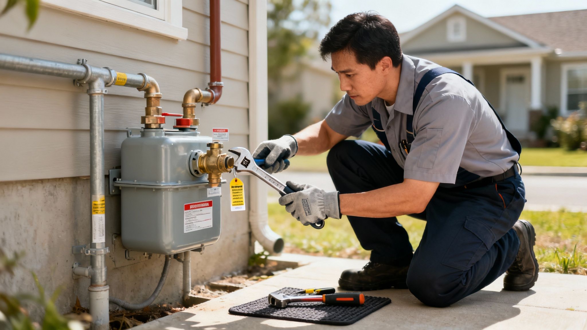 A technician inspects a natural gas meter and an earthquake shut-off valve outside a residential home.