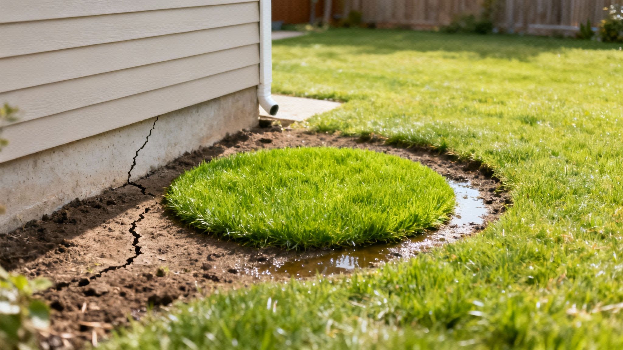 A cracked house foundation next to a downspout, with standing water and new sod.