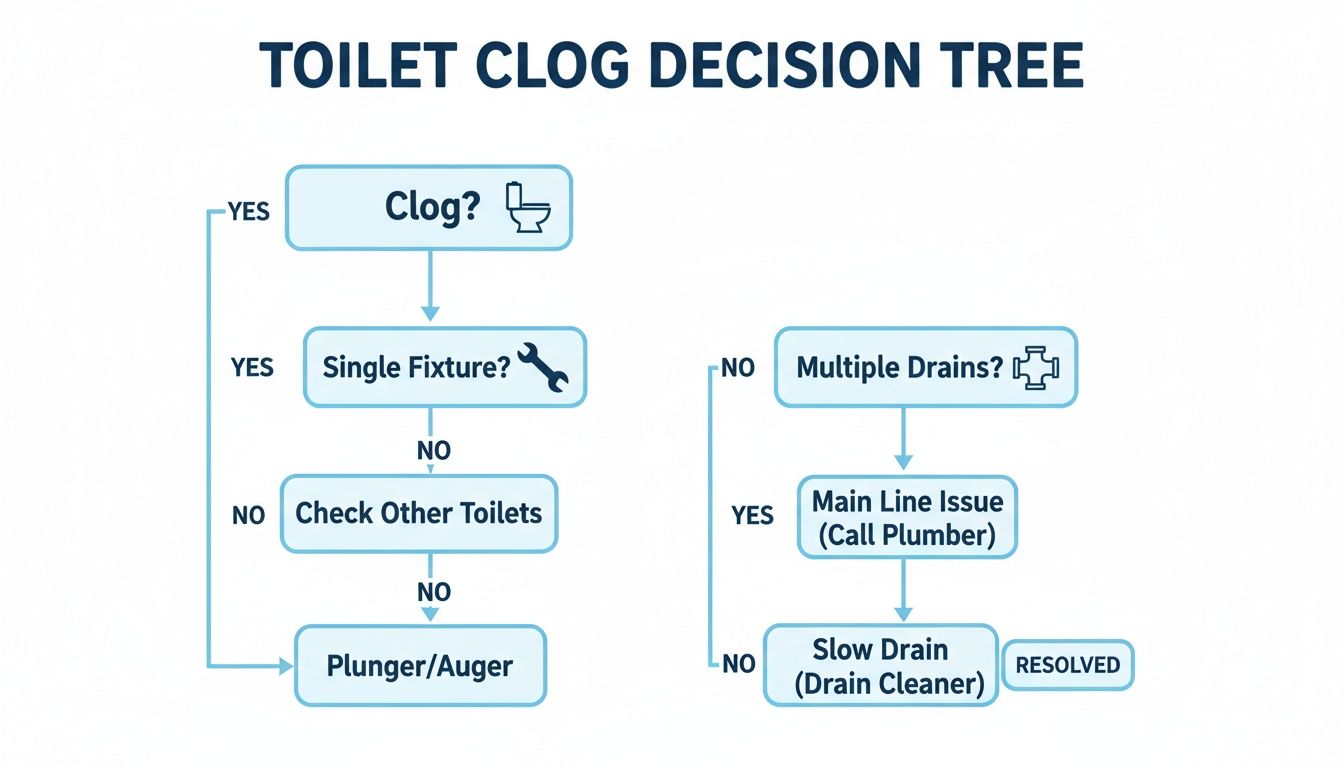 A detailed flowchart showing a toilet clog decision tree to diagnose and resolve plumbing issues.