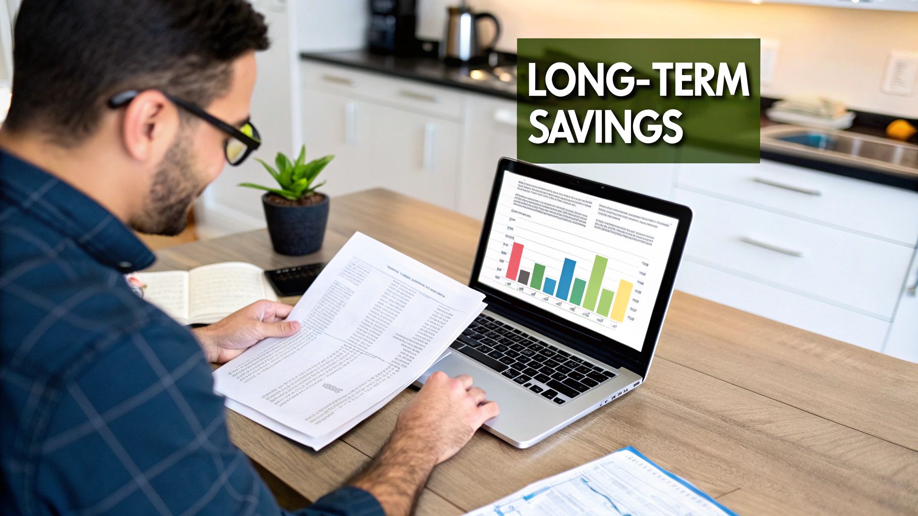 A person reviewing financial documents and data on a laptop, emphasizing long-term savings.