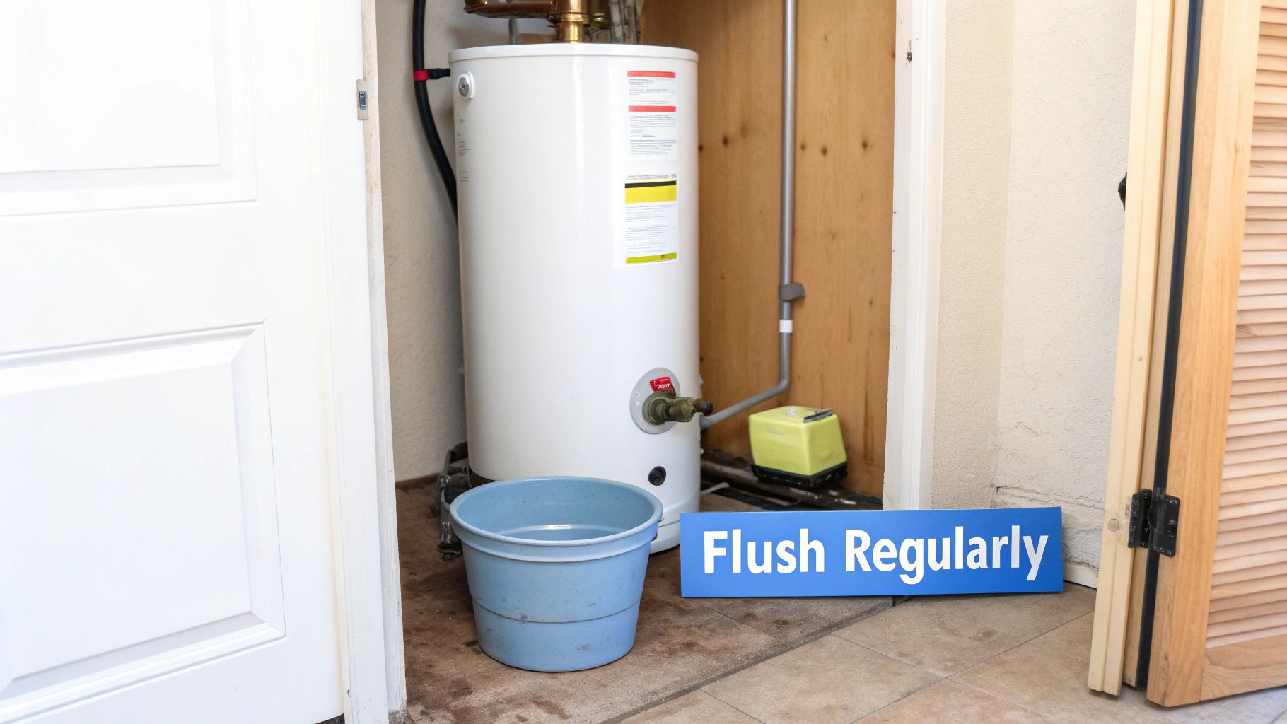A white water heater in a utility closet, with a blue bucket and a "Flush Regularly" sign.