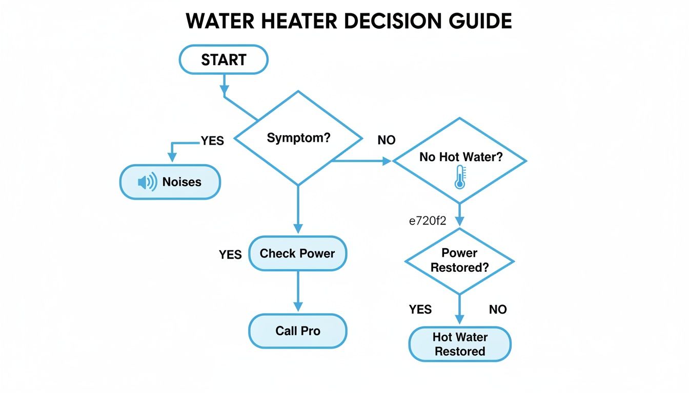 Water heater troubleshooting flowchart, guiding users to diagnose symptoms like noises or no hot water, and actions.