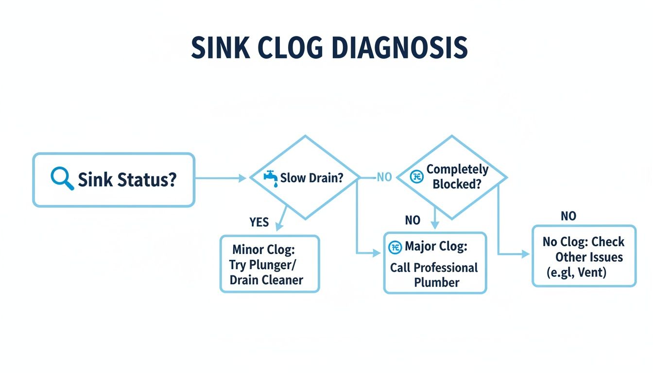 Flowchart illustrating sink clog diagnosis, from slow drain to completely blocked, with solutions like plunger or professional plumber.