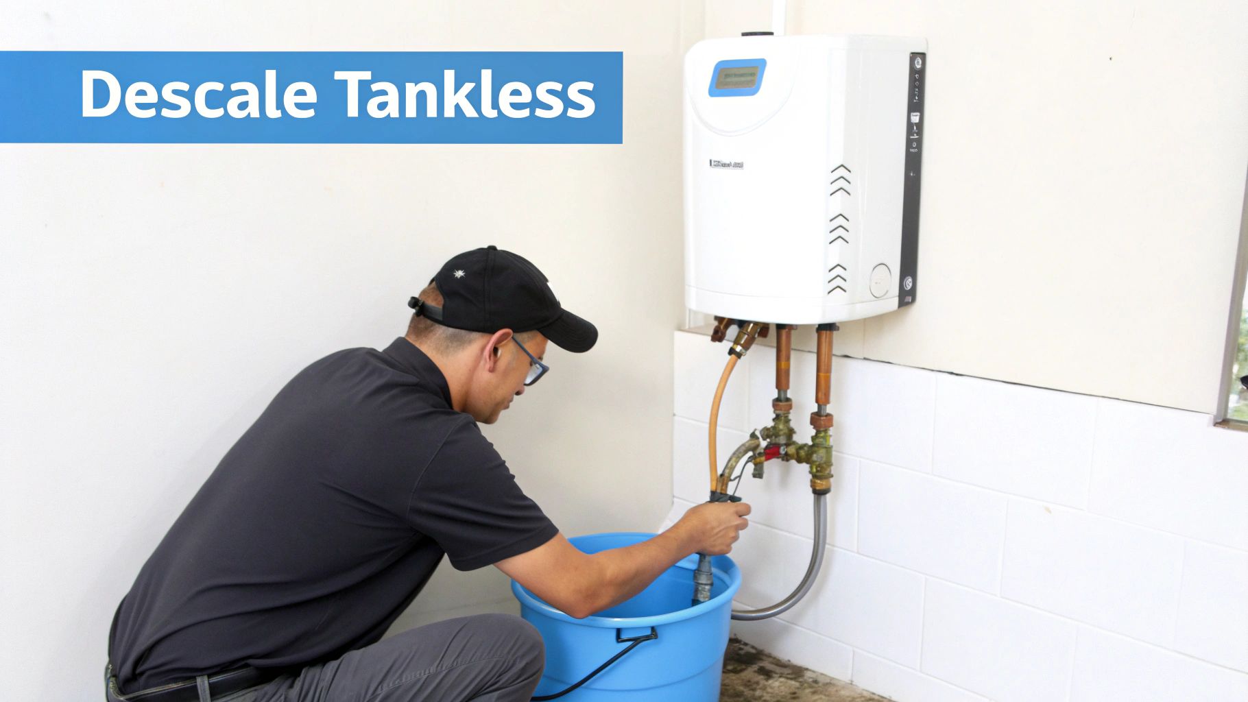 A man in a black cap and blue glasses descale a tankless water heater, directing a hose into a blue bucket.
