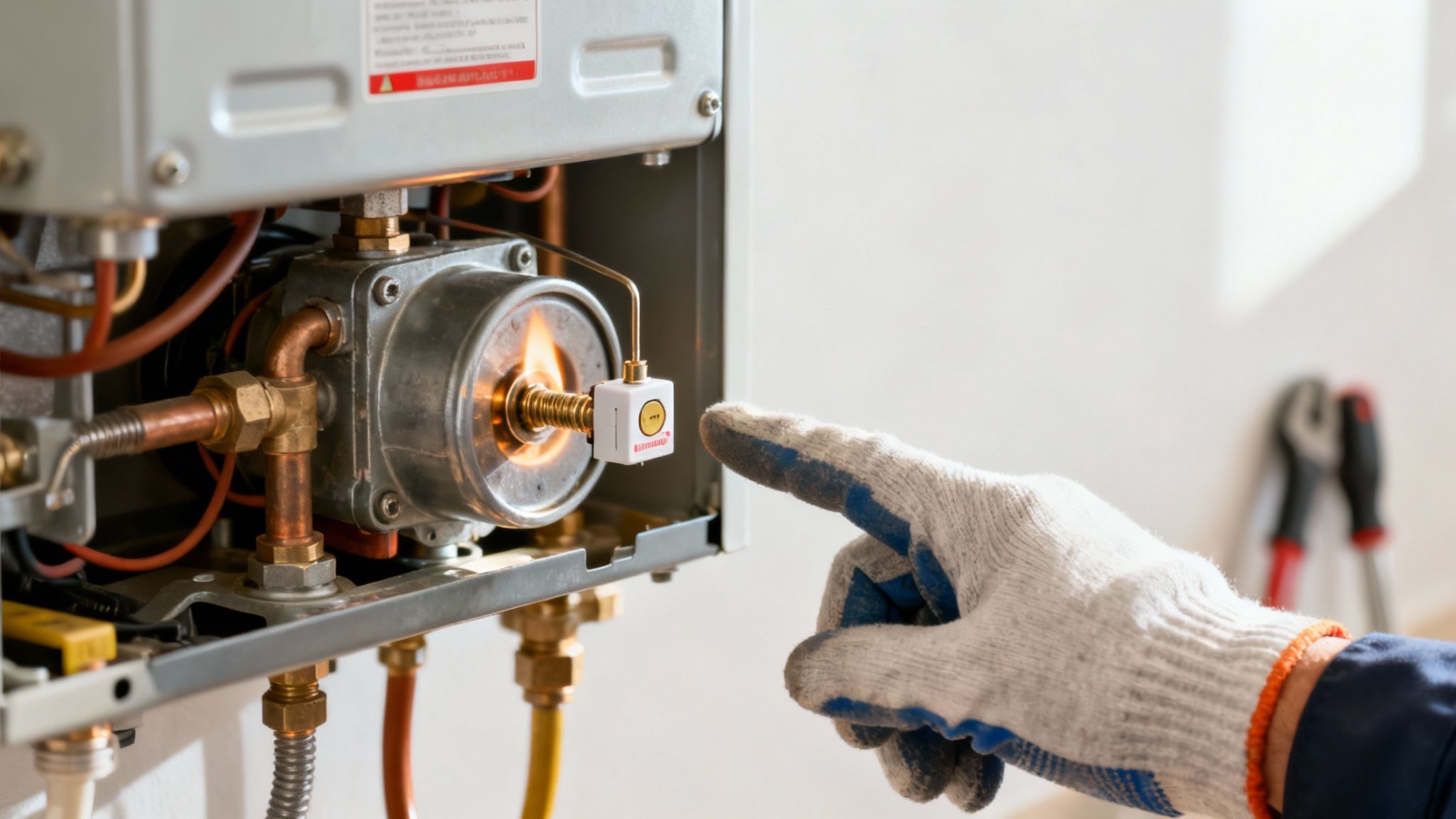 A gloved hand points to the ignition flame inside a gas water heater during repair or maintenance.