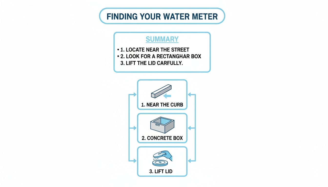 An infographic illustrating how to find your water meter, with steps like locating it near the curb and lifting the lid.