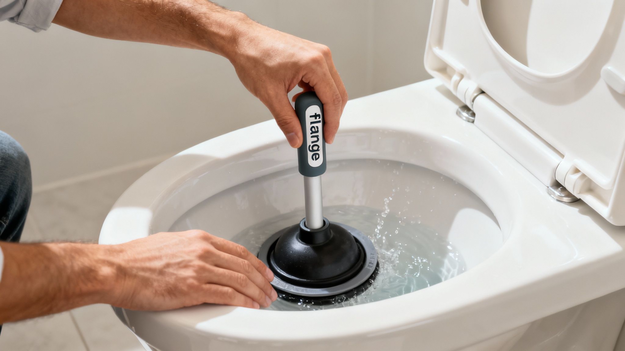Close-up of a person's hands using a black and gray toilet plunger in a white toilet.