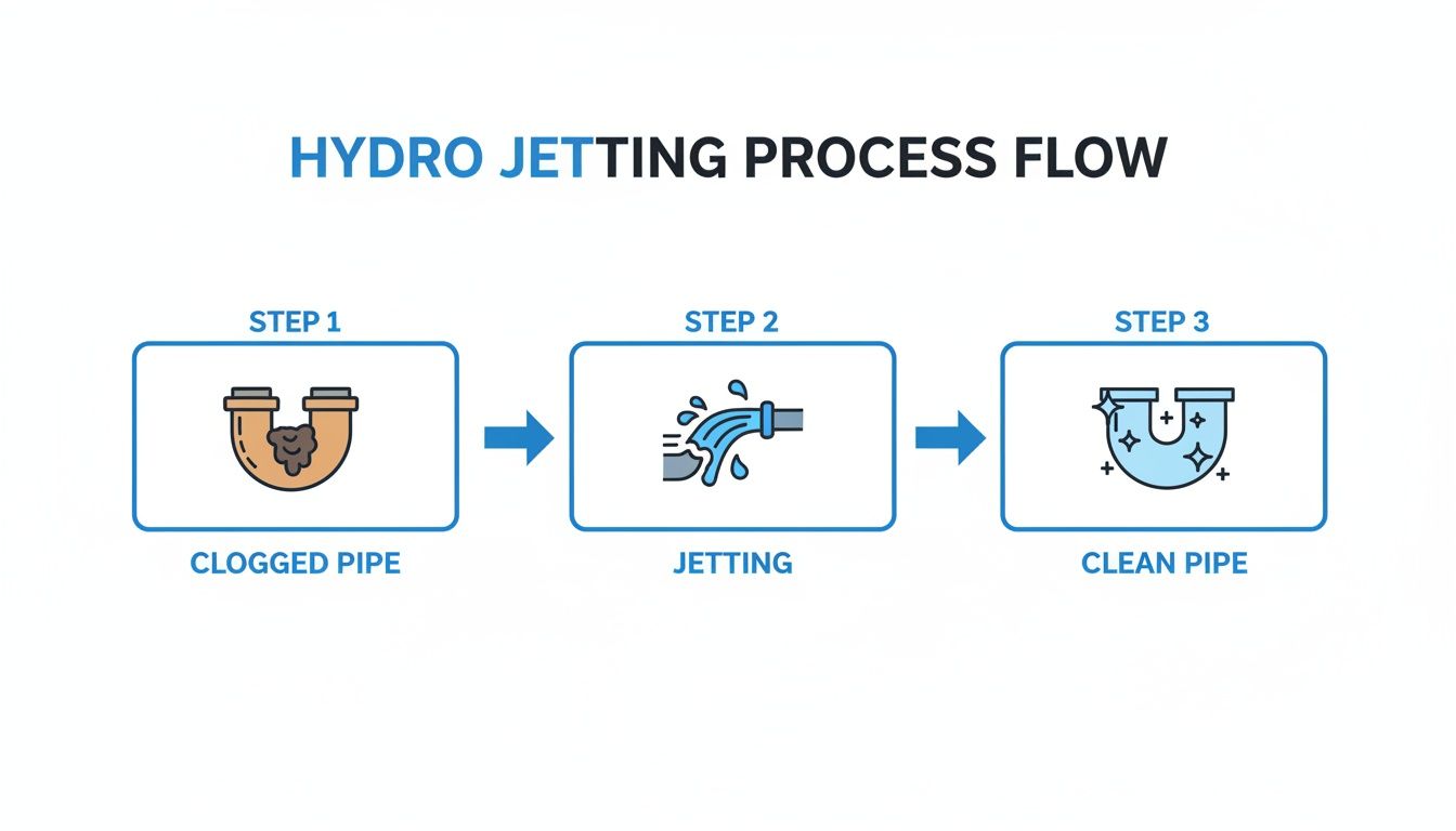 Diagram illustrating the hydro jetting process, showing a clogged pipe, jetting, and a clean pipe.