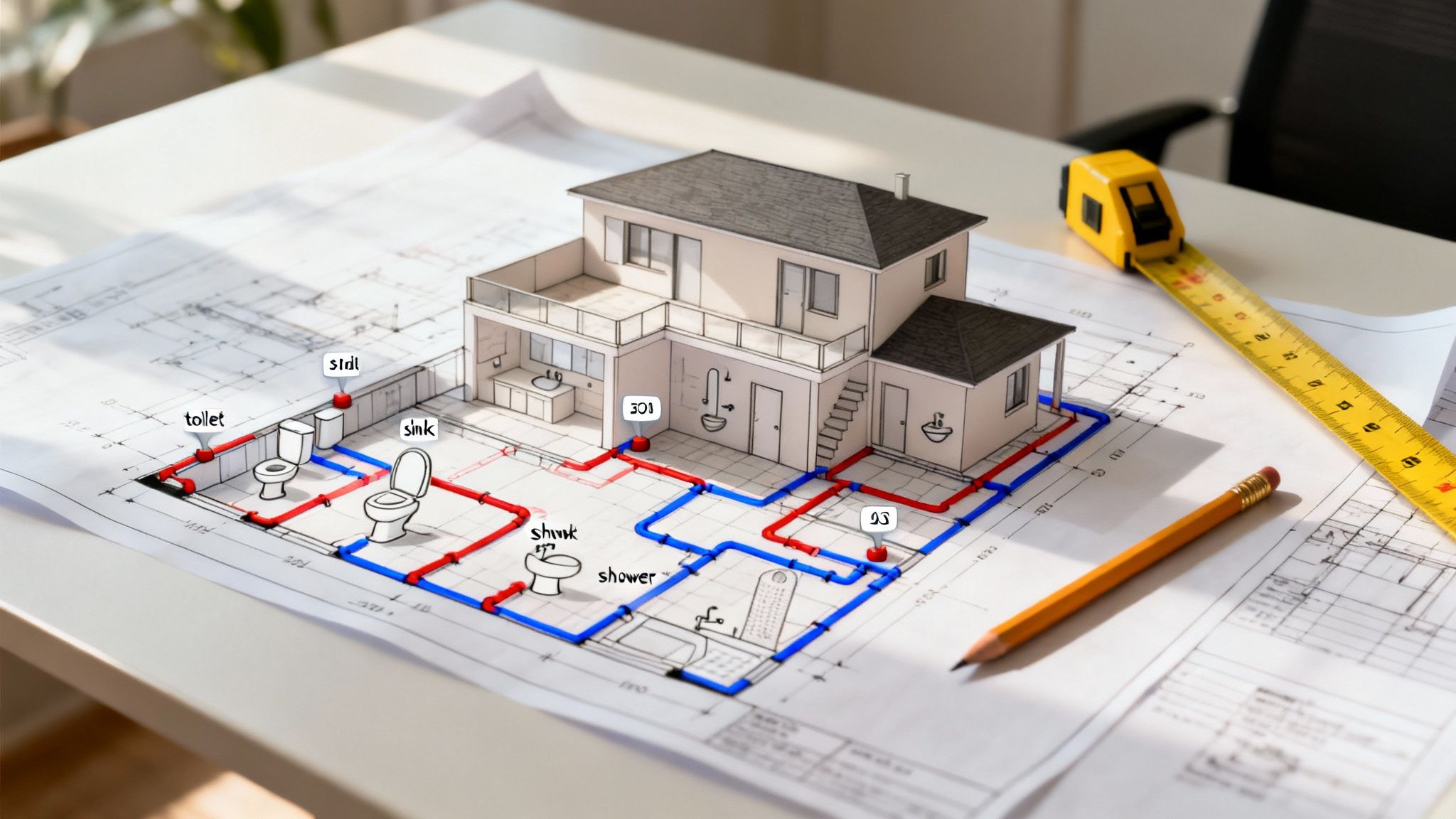 Detailed 3D house model on blueprints showing plumbing system with hot and cold water lines.