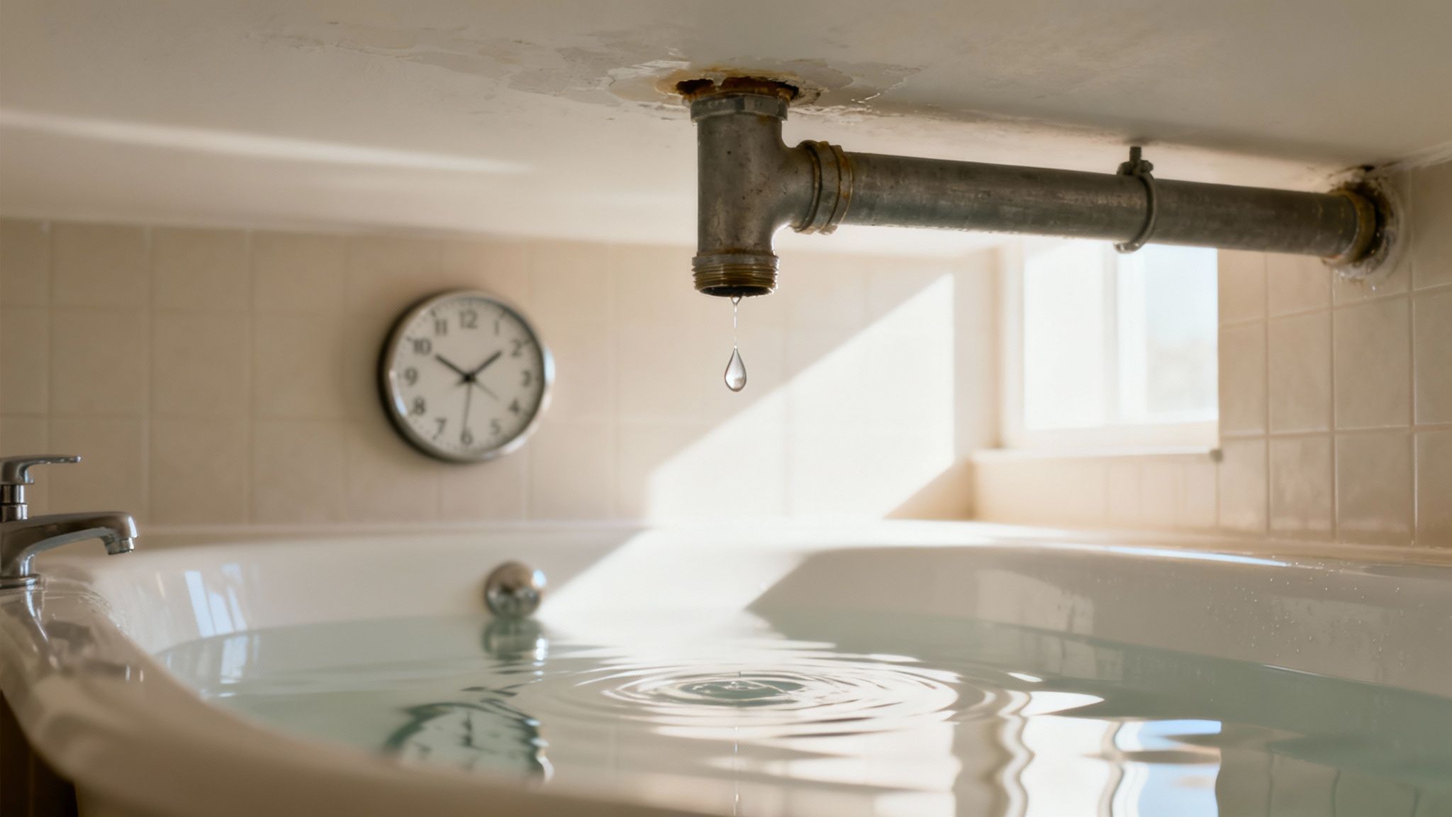 A rusty pipe leaks water from the ceiling into a full bathtub, creating ripples.