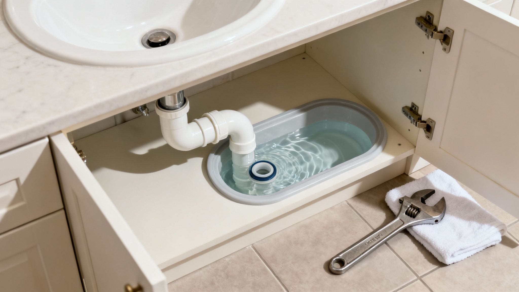 A bathroom sink cabinet with an open door reveals a leaking drain pipe, water collecting in a basin, and a wrench on the floor.