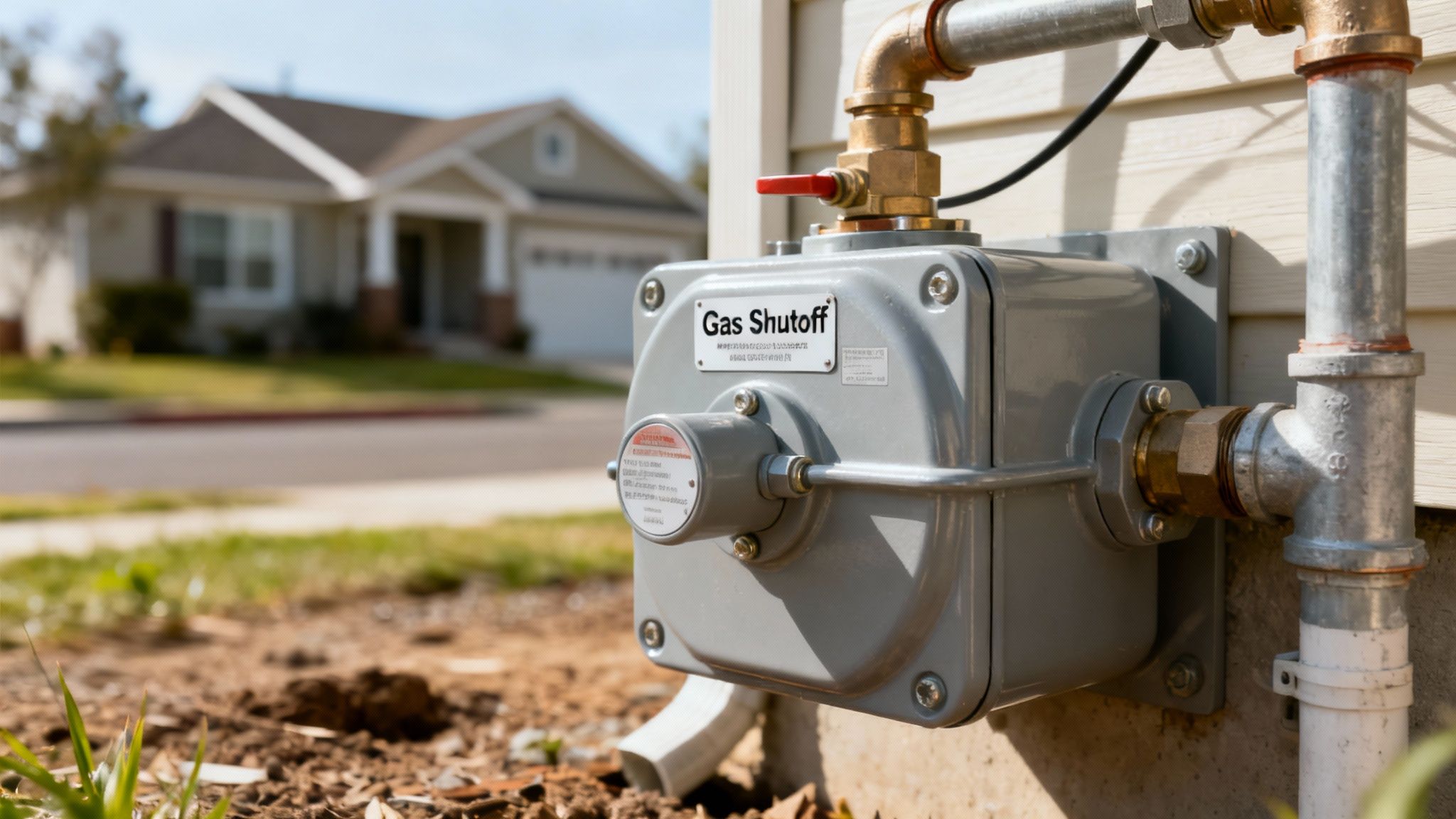 A gray automatic gas shutoff valve installed on a residential building with visible gas pipes.