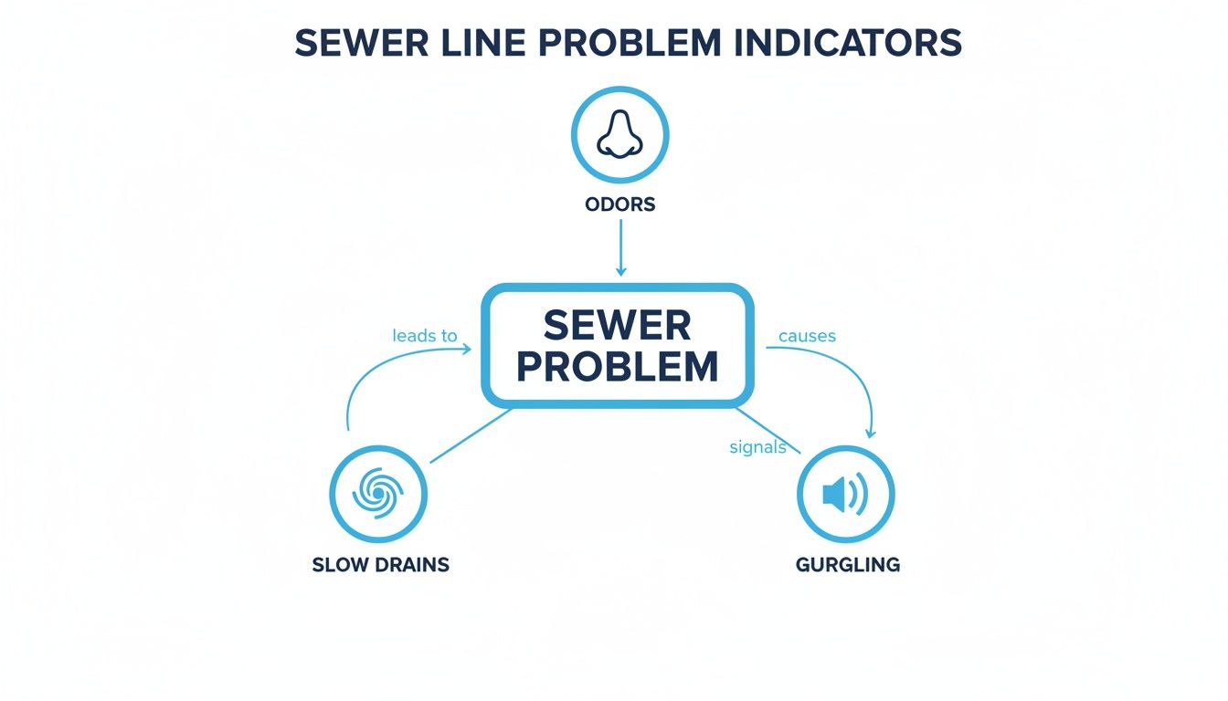 Diagram illustrating sewer line problem indicators: odors, slow drains, and gurgling sounds.
