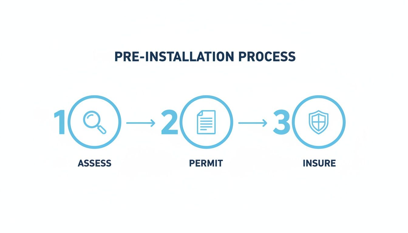 A three-step pre-installation process diagram showing assess (magnifying glass), permit (document), and insure (shield) stages.
