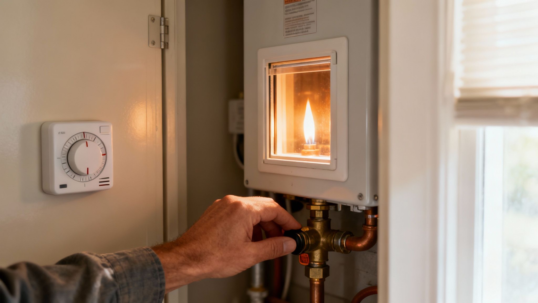 A person adjusts a knob on a gas water heater, showing a visible flame and wall thermostat.
