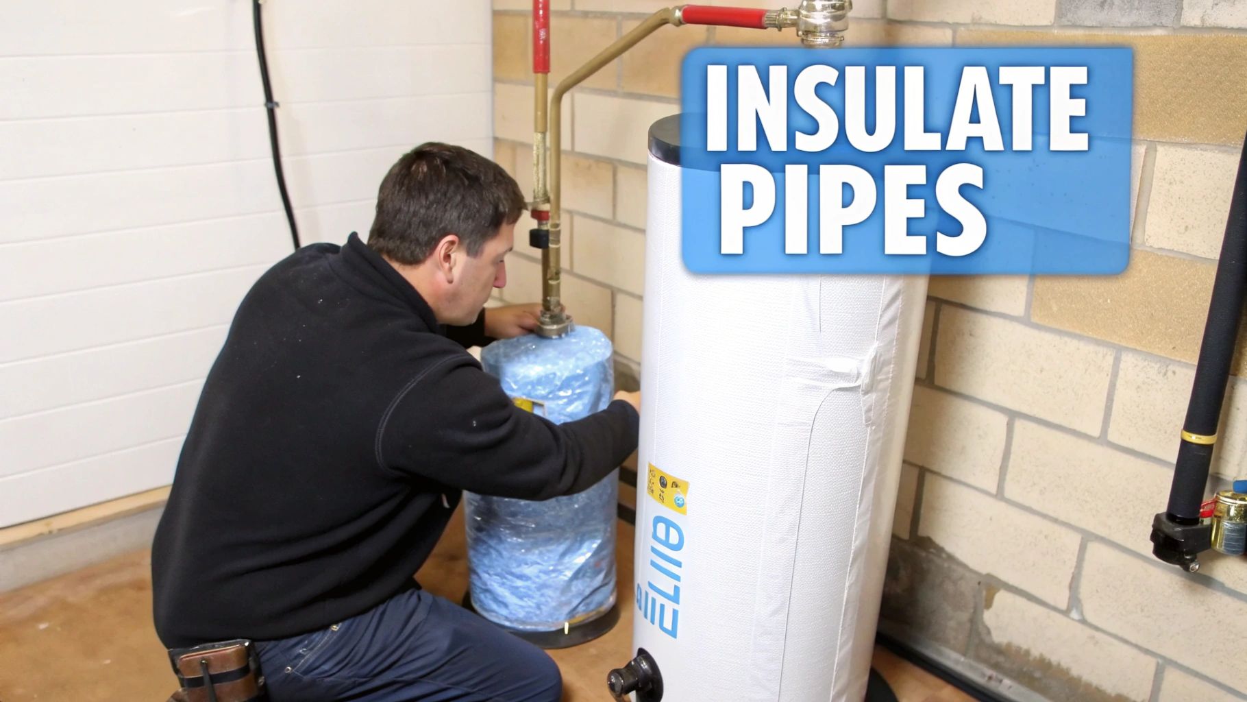A man insulating hot water pipes and a water heater for energy efficiency in a utility room.