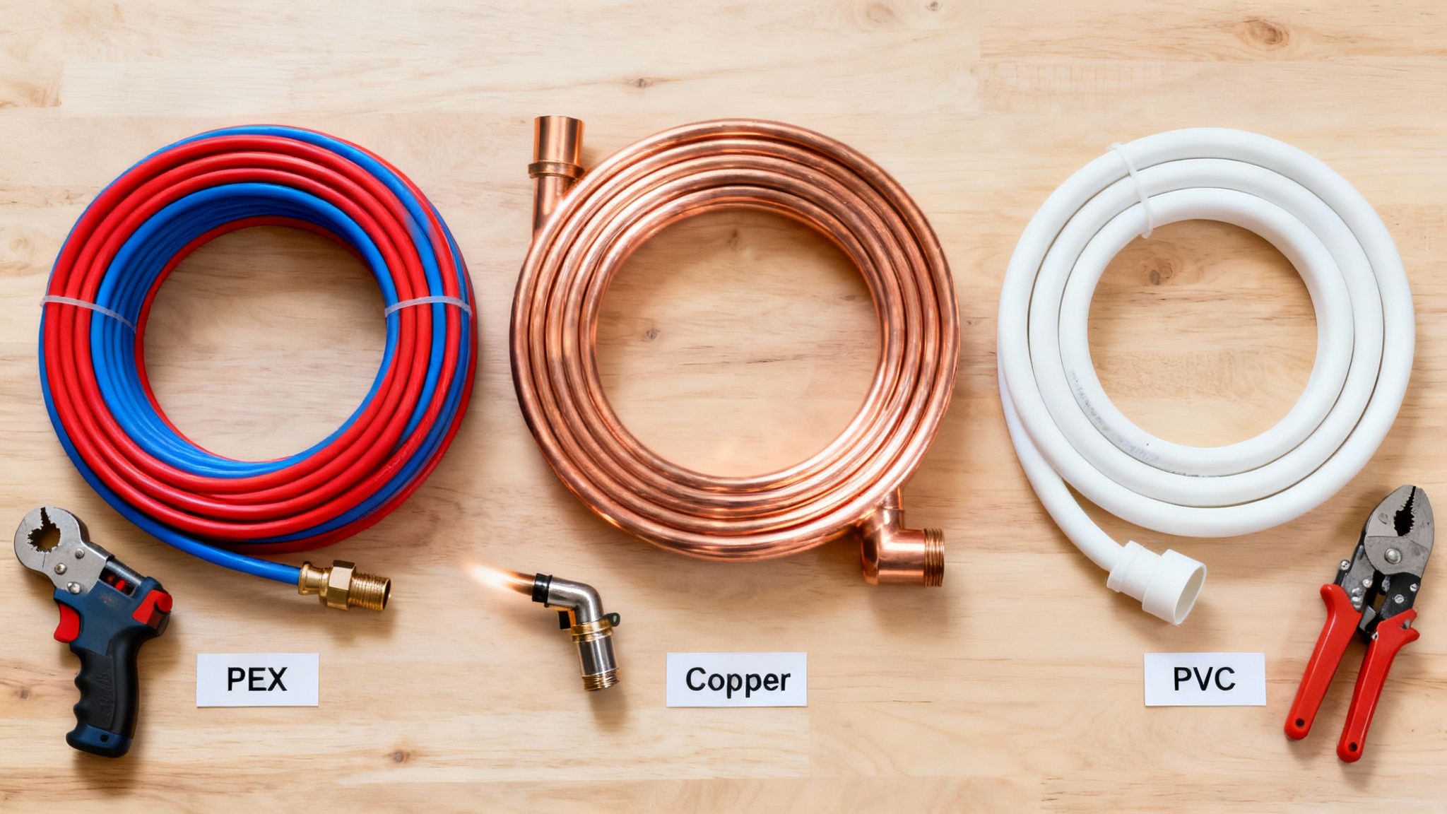 Various plumbing pipes: PEX, copper, and PVC coils with tools on a wooden background.