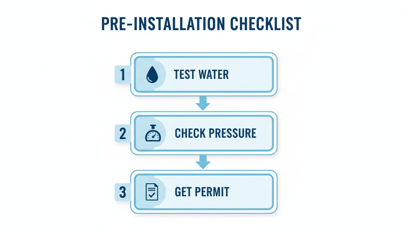 A pre-installation checklist for a water system, showing steps to test water, check pressure, and get a permit.