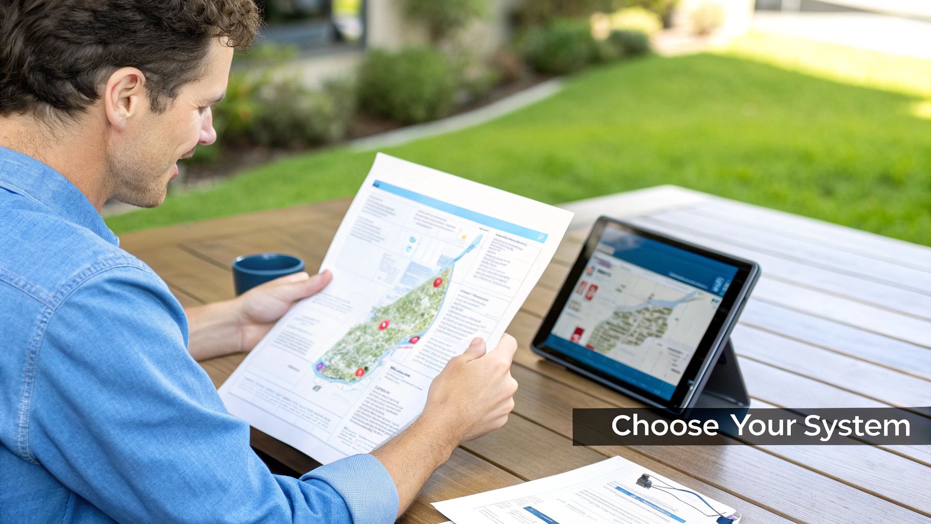 Smiling man reviews maps on paper and a tablet, making a system choice outdoors.