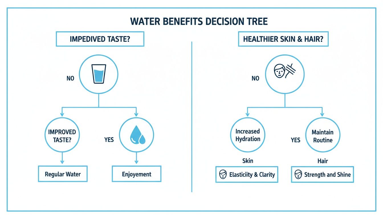 A water benefits decision tree showing improved taste, skin elasticity, clarity, hair strength, and shine.