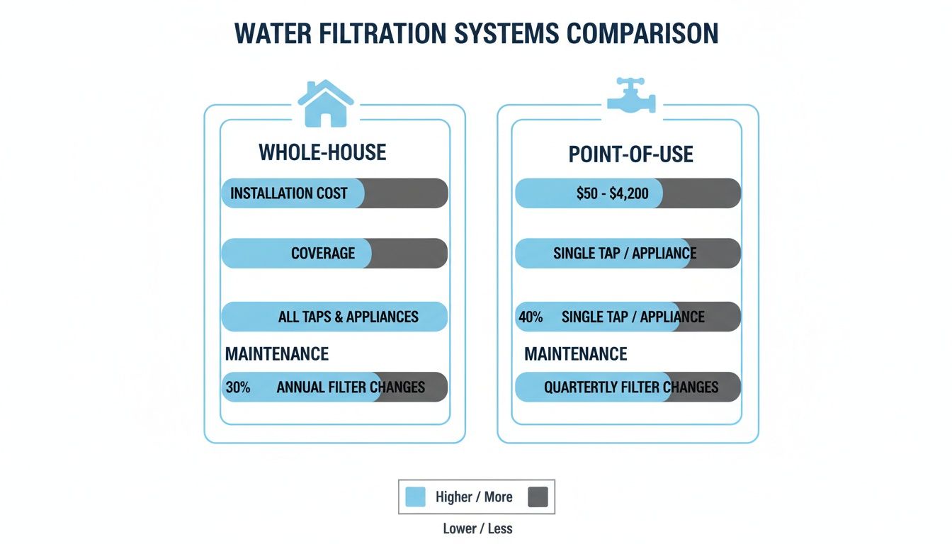 Infographic comparing whole-house and point-of-use water filtration systems, detailing installation, coverage, and maintenance.