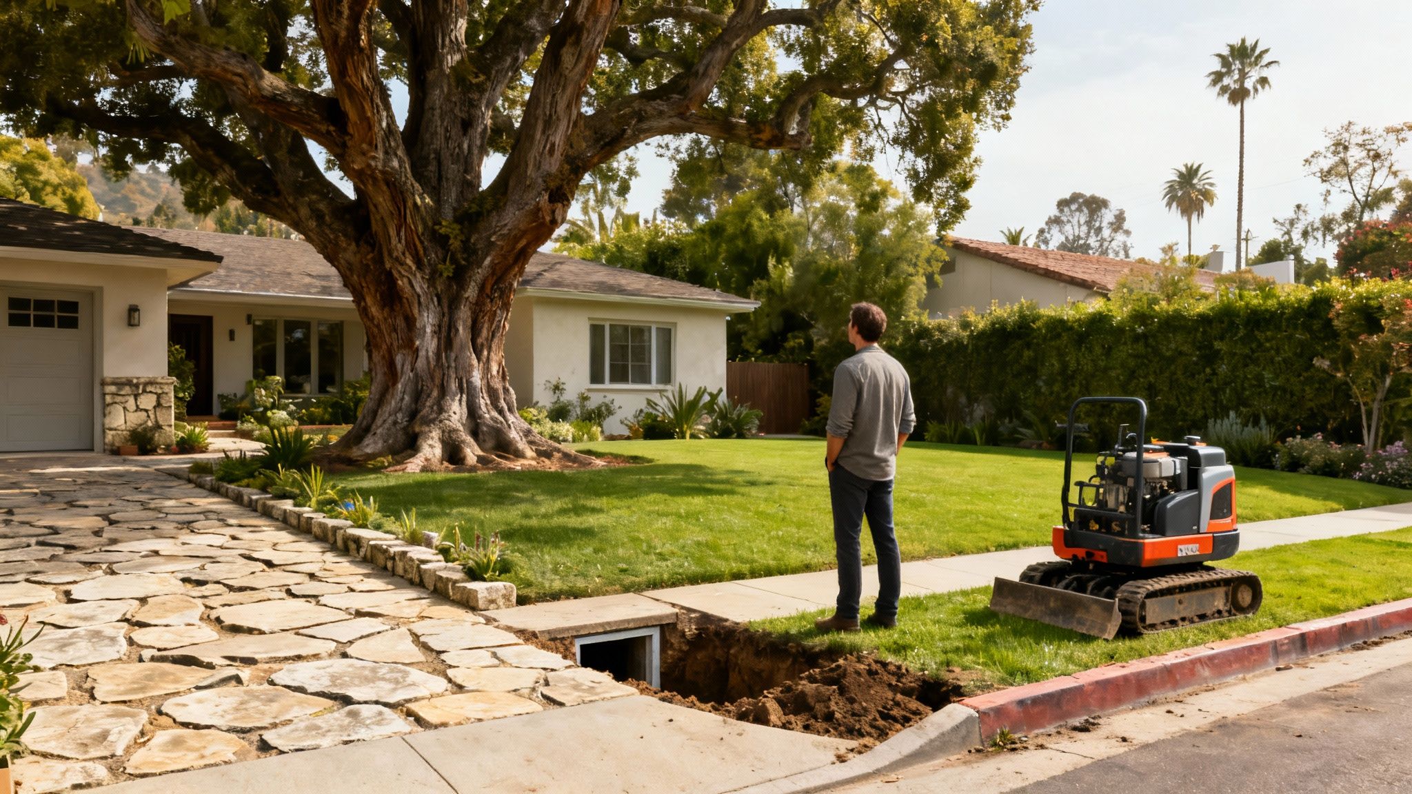 A man overlooks a residential yard with a dug trench and a mini excavator.